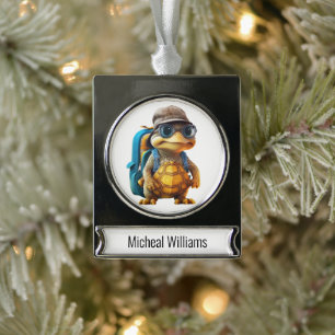 Adventurous Cute Little Turtle with Backpack, Silver Plated Banner Ornament