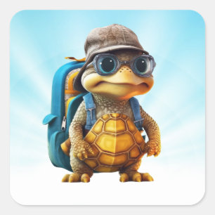 Adventurous Cute Little Turtle with Backpack, Square Sticker