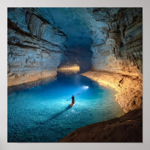 Adventurous Explorer in Grand Underground Cavern Poster