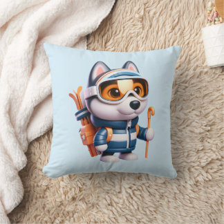 Adventurous Husky Skier Cushion