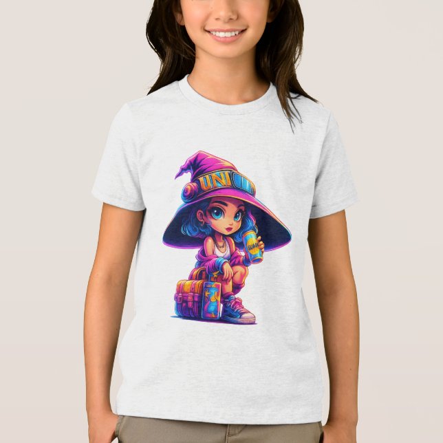 Adventurous Little Witch – Colourful Magic Travel  Tri-Blend Shirt (Front)