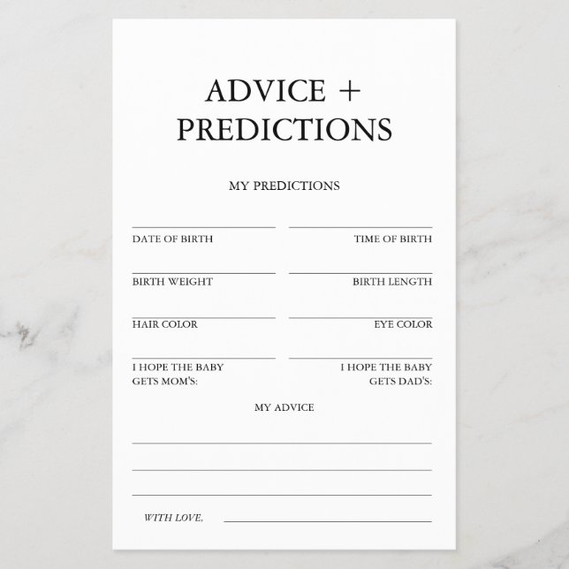 Advice and Predictions Baby Shower Game Minimalist Flyer (Front)