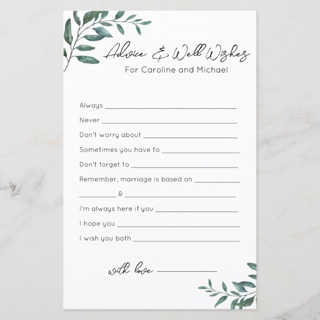 Advice and Well Wishes - Bridal Shower Game (Front)