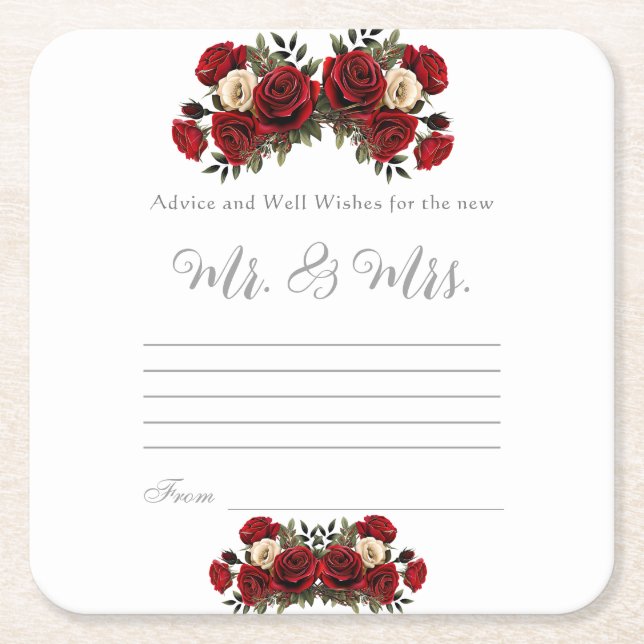Advice and Well Wishes Mr. & Mrs. Red Roses   Square Paper Coaster (Front)
