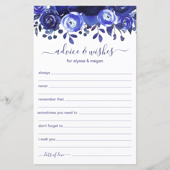 Advice and Wishes Blue Floral LGBTQ Wedding (Front)