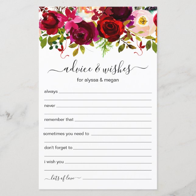 Advice and Wishes Burgundy Floral LGBTQ Wedding (Front)