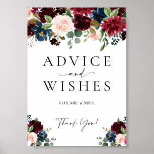 Advice And Wishes Floral Burgundy Wedding Sign