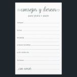 Advice and Wishes Spanish<br><div class="desc">These simple, eucalyptus coloured, modern, minimal, handwritten script Spanish Advice & Wishes/Consejos y Deseos sheets are perfect to have bridal shower, rehearsal dinner or wedding guests fill out for the happy couple. People will love having the prompts - they make it so easy to leave loving words of advice and...</div>