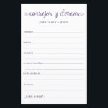 Advice and Wishes Spanish<br><div class="desc">These simple, dusty purple, modern, minimal, handwritten script Spanish Advice & Wishes/Consejos y Deseos sheets are perfect to have bridal shower, rehearsal dinner or wedding guests fill out for the happy couple. People will love having the prompts - they make it so easy to leave loving words of advice and...</div>