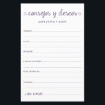 Advice and Wishes Spanish<br><div class="desc">These simple, dusty purple, modern, minimal, handwritten script Spanish Advice & Wishes/Consejos y Deseos sheets are perfect to have bridal shower, rehearsal dinner or wedding guests fill out for the happy couple. People will love having the prompts - they make it so easy to leave loving words of advice and...</div>