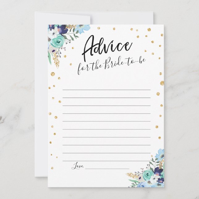 Advice Card Blue Floral Gold Travel Bridal Shower (Front)