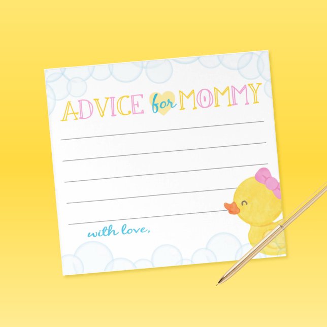 Advice for Mum Girl Rubber Duck Baby Shower Advice Notepad (Girl Watercolor Rubber Duck Advice for Mommy Blank Note Sheets)
