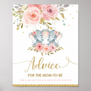 Advice for Mum to Be Elephant Twins  Baby Shower Poster