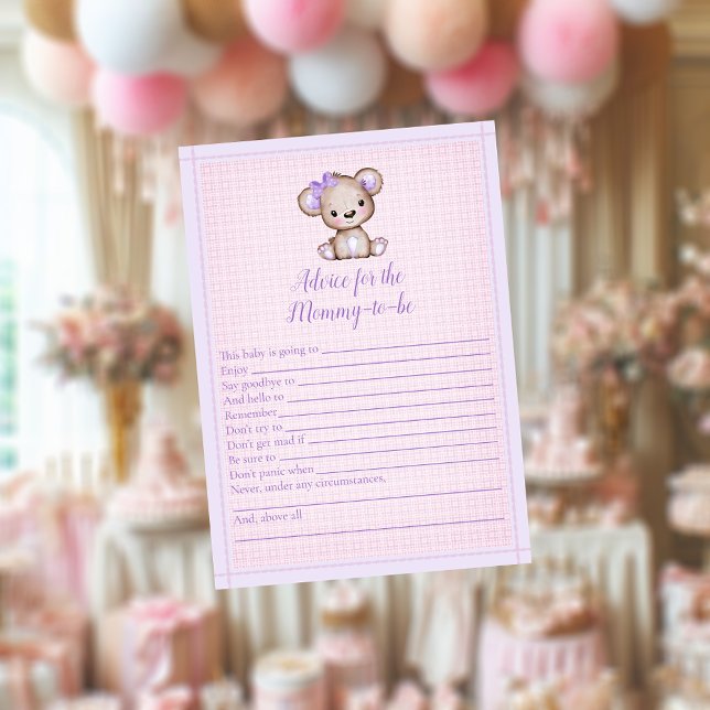 Advice For Mummy Cute Purple Bear Shower Game Card (Creator Uploaded)