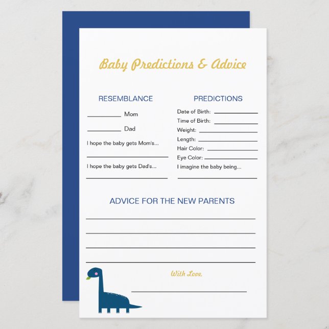 Advice & Predictions Dinosaur Baby shower Game (Front/Back)