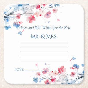 Advice & Well Wishes Pink Blue Watercolor Flowers  Square Paper Coaster