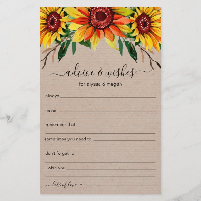 Advice Wishes Rustic Sunflowers LGBTQ Wedding (Front)