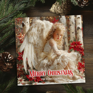 Aerial Christmas angel red poinsettias ethereal Holiday Card