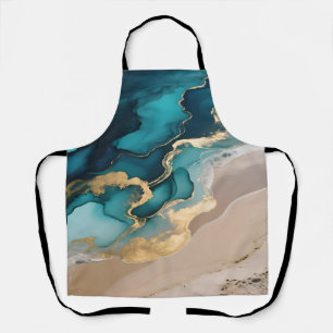 Aerial Ocean Resin Waves Turquoise Gold Coastal Apron
