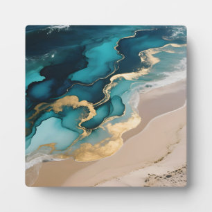 Aerial Ocean Resin Waves Turquoise Gold Coastal Plaque
