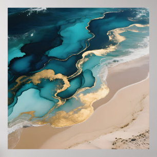 Aerial Ocean Resin Waves Turquoise Gold Coastal Poster
