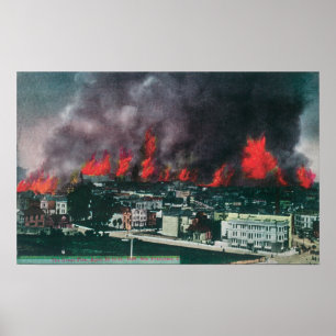 Aerial of City Ablaze During 1906 Fire Poster