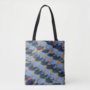 Aerial photography of blue-and-white patio umbrell tote bag