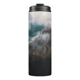 AERIAL PHOTOGRAPHY OF MOUNTAIN COVERED WITH FOG THERMAL TUMBLER