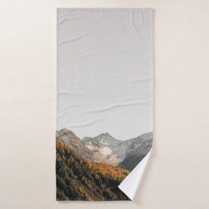 AERIAL PHOTOGRAPHY OF MOUNTAIN UNDER CLOUDY SKY BATH TOWEL