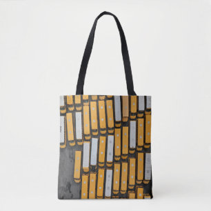 Aerial photography of white and yellow buses tote bag
