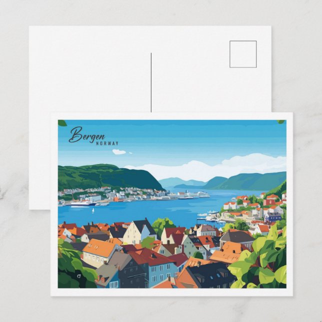 Aerial View Bergen Norway Illustration Travel Postcard (Front/Back)