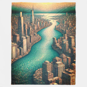 “Aerial View: Cityscape with Wind-Rippled River” Fleece Blanket