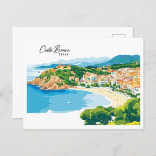 Aerial View Costa Brava Spain Art Illustration Postcard