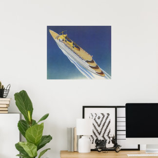 Aerial View of a Vintage Cruise Ship in the Ocean Poster