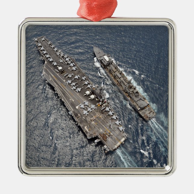 Aerial view of aircraft carrier USS Ronald Reag Metal Tree Decoration (Front)