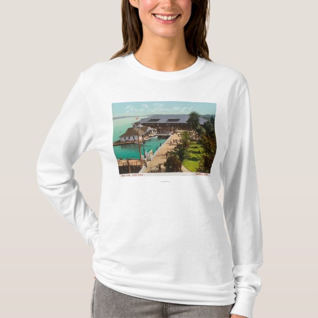 Aerial View of Boat House, Lake, Leshi Park T-Shirt (Front)
