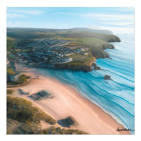 Aerial view of Cornish beach and town painting