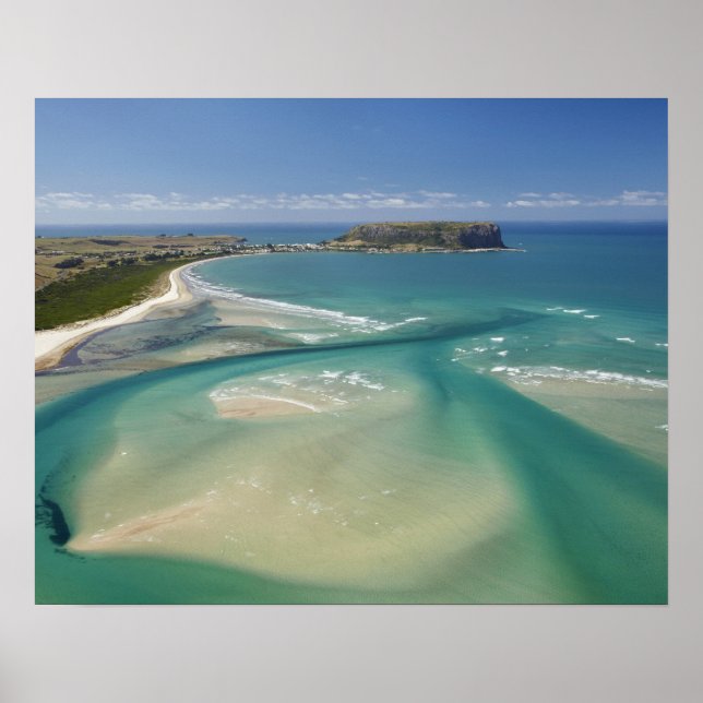 Aerial view of estuary, Sawyer Bay, Stanley and Poster (Front)