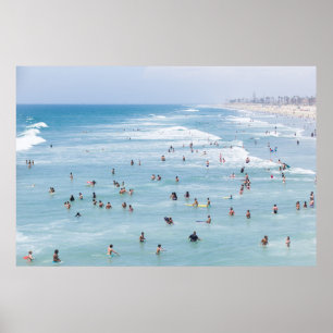 AERIAL VIEW OF GROUP OF PEOPLE SWIMMING ON BEACH POSTER