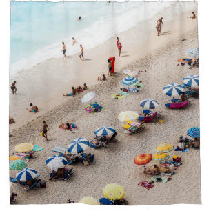 AERIAL VIEW OF PARASOLS AND PEOPLE NEAR BEACH SHOWER CURTAIN