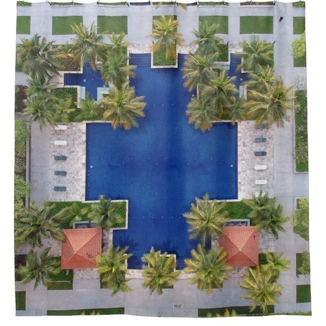 Aerial view of pool surrounded by palm trees shower curtain (Front)