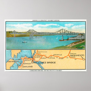 Aerial View of the Carquinez Bridge and Map Poster