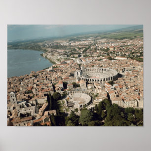 Aerial view of the town with poster