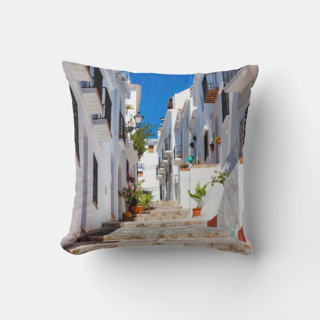 Aerial view of white city Frigiliana in sunny day  Cushion (Front)