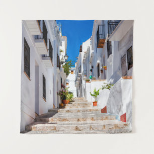 Aerial view of white city Frigiliana in sunny day  Tapestry
