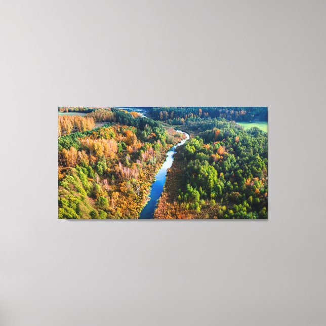  Aerial View of Winding River Sunny Autumn Forest  Canvas Print (Front)