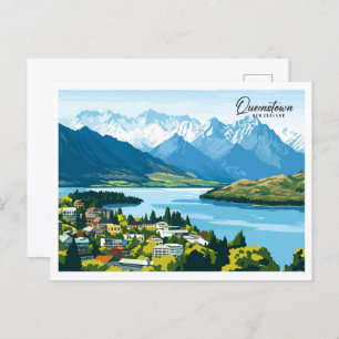 Aerial View Queenstown New Zealand Illustration Postcard