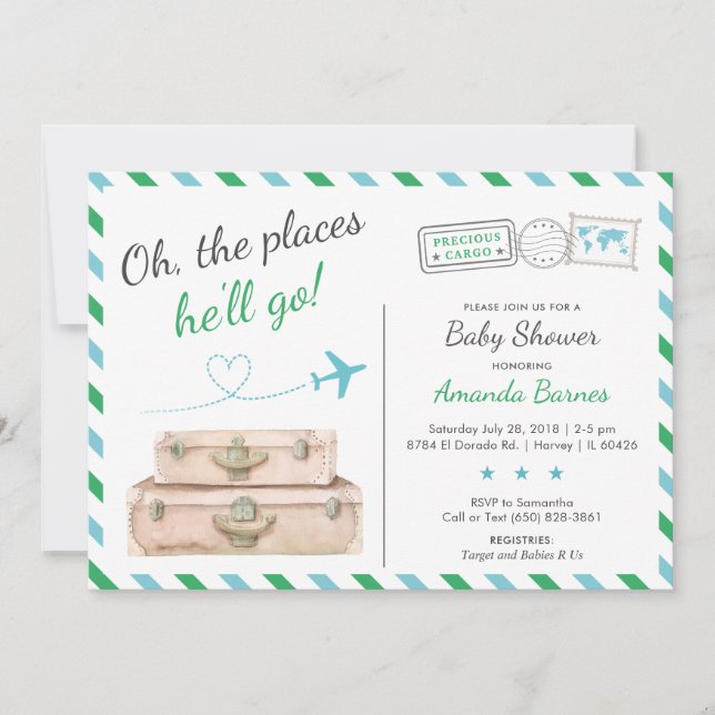 Aeroplane Airline Green Blue Travel Boy Baby Showe Invitation (Front)
