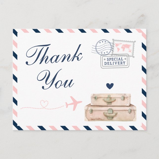 Aeroplane Airline Travel Wedding Shower Thank You Postcard (Front)