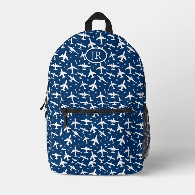 Aeroplane Aviation Theme Blue and White Monogram Printed Backpack (Front)